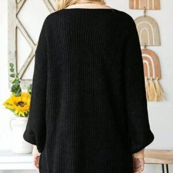 Black Casual Womens Contrast Trim Drop Shoulder Open Front Cardigan - Picture 2 of 5